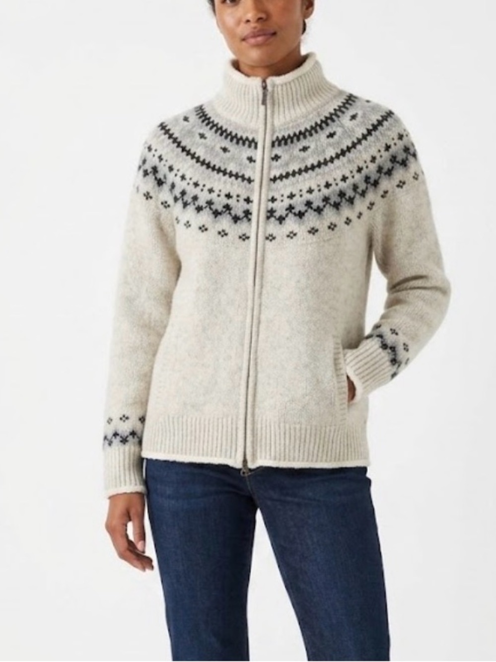 L.L. BEAN Sherpa Lined 100% Lambswool Fair Isle Full Zip Sweater Jacket Cream M